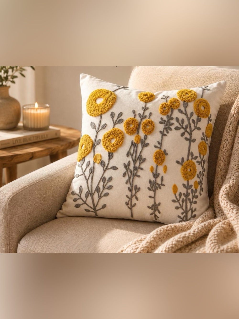 Embroidered Yellow Floral Throw Pillow